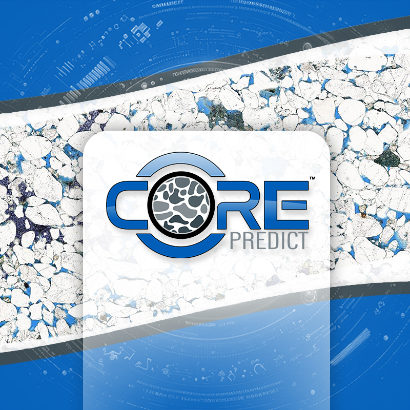Core Lab product, Core Predict logo on a background of samples of white rocks