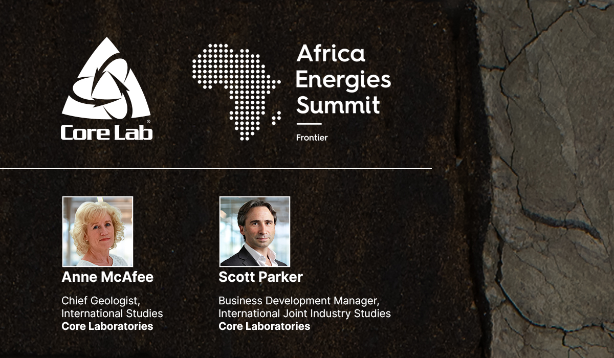 Banner image featuring Core Lab logo alongside Africa Energies Summit with headshots of Core Lab employees Chief Geologist Anne McAfee and Business Development Manager Scott Parker.
